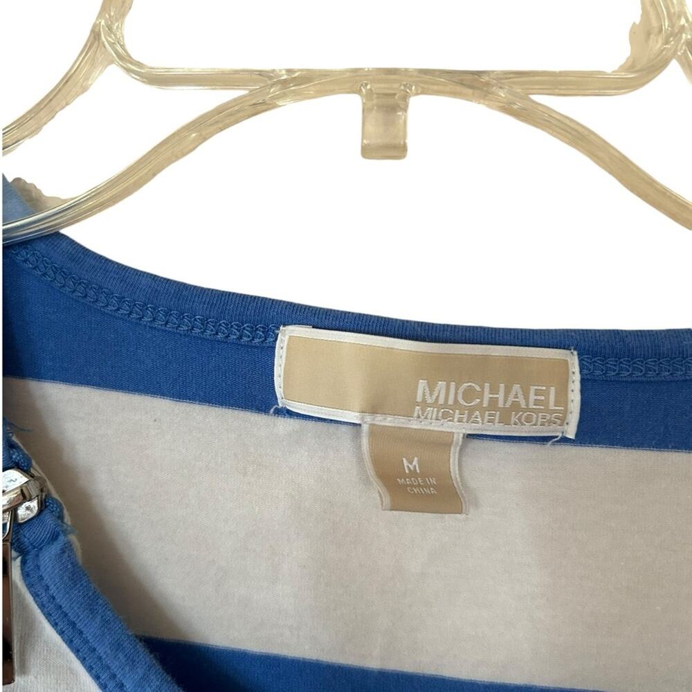 Michael Kors T-Shirt Womens Medium Striped Zip Shoulder Ruched Sides Blue White - Picture 6 of 11
